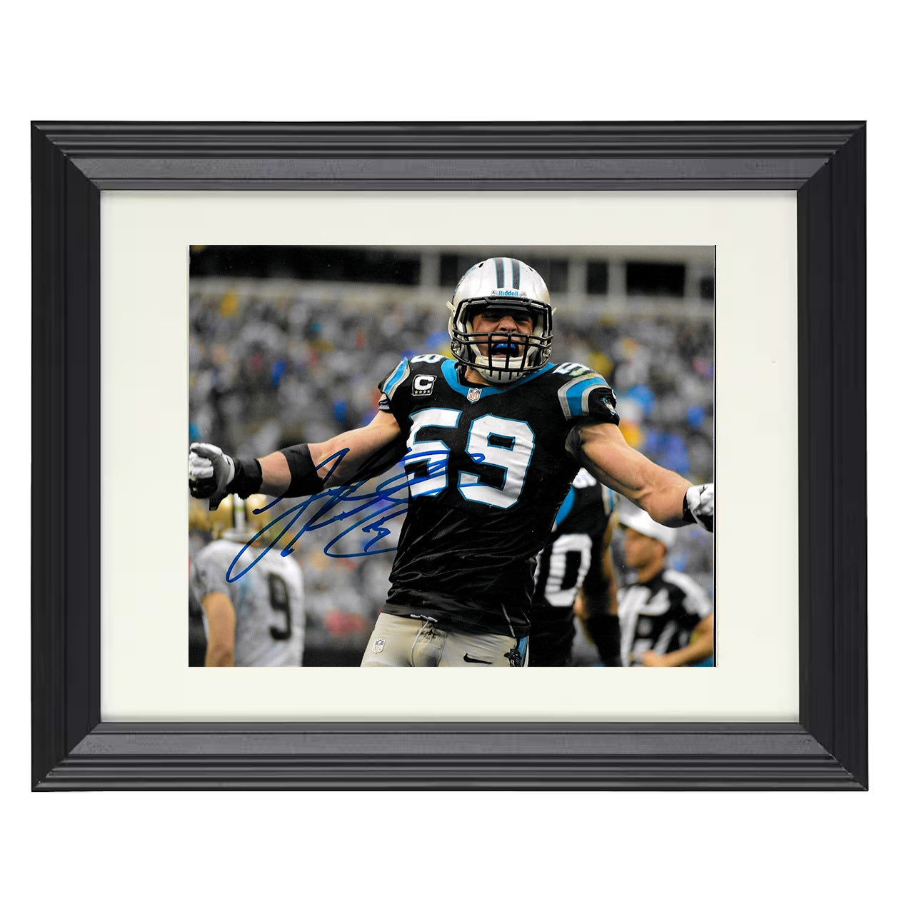 Luke Kuechly – Fired Up – 8x10 black beveled framed football wall art