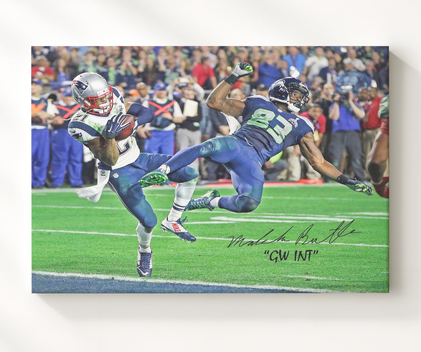 Malcolm Butler - Goal Line Pick Vintage Football Wall Art - 20x24 Canvas football decor