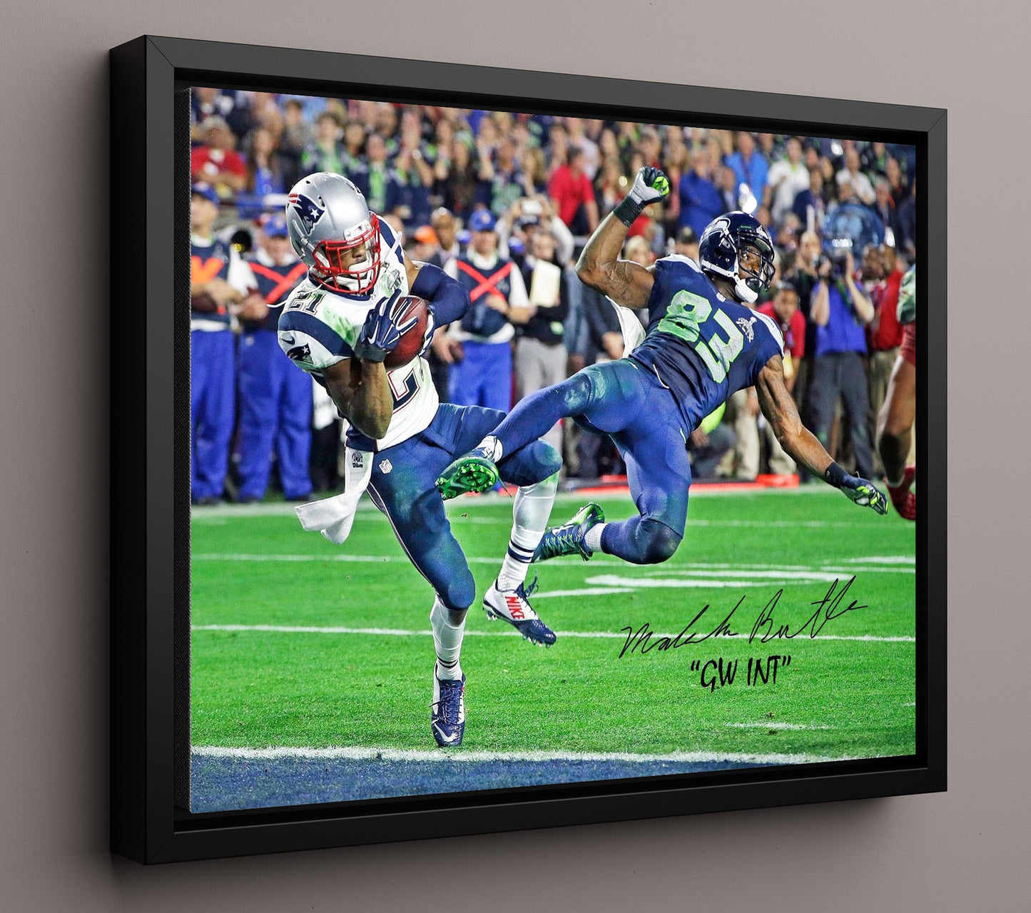 Malcolm Butler - Goal Line Pick Vintage Football Wall Art - 16x20 Framed Canvas football decor
