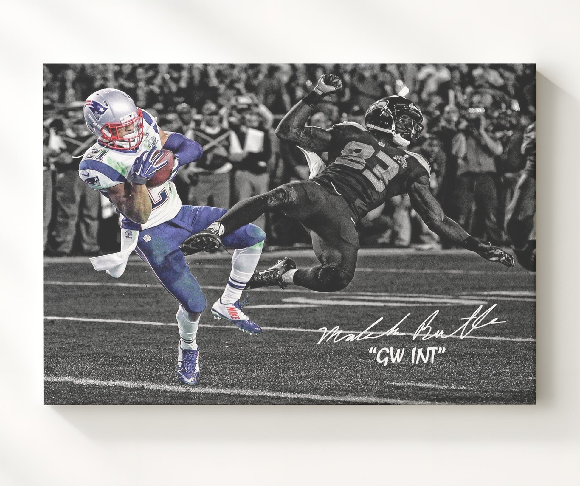 Malcolm Butler - Super Bowl XLIX Goal Line Interception 2015 Spotlight Vintage Football Wall Art - 20x24 Canvas football decor