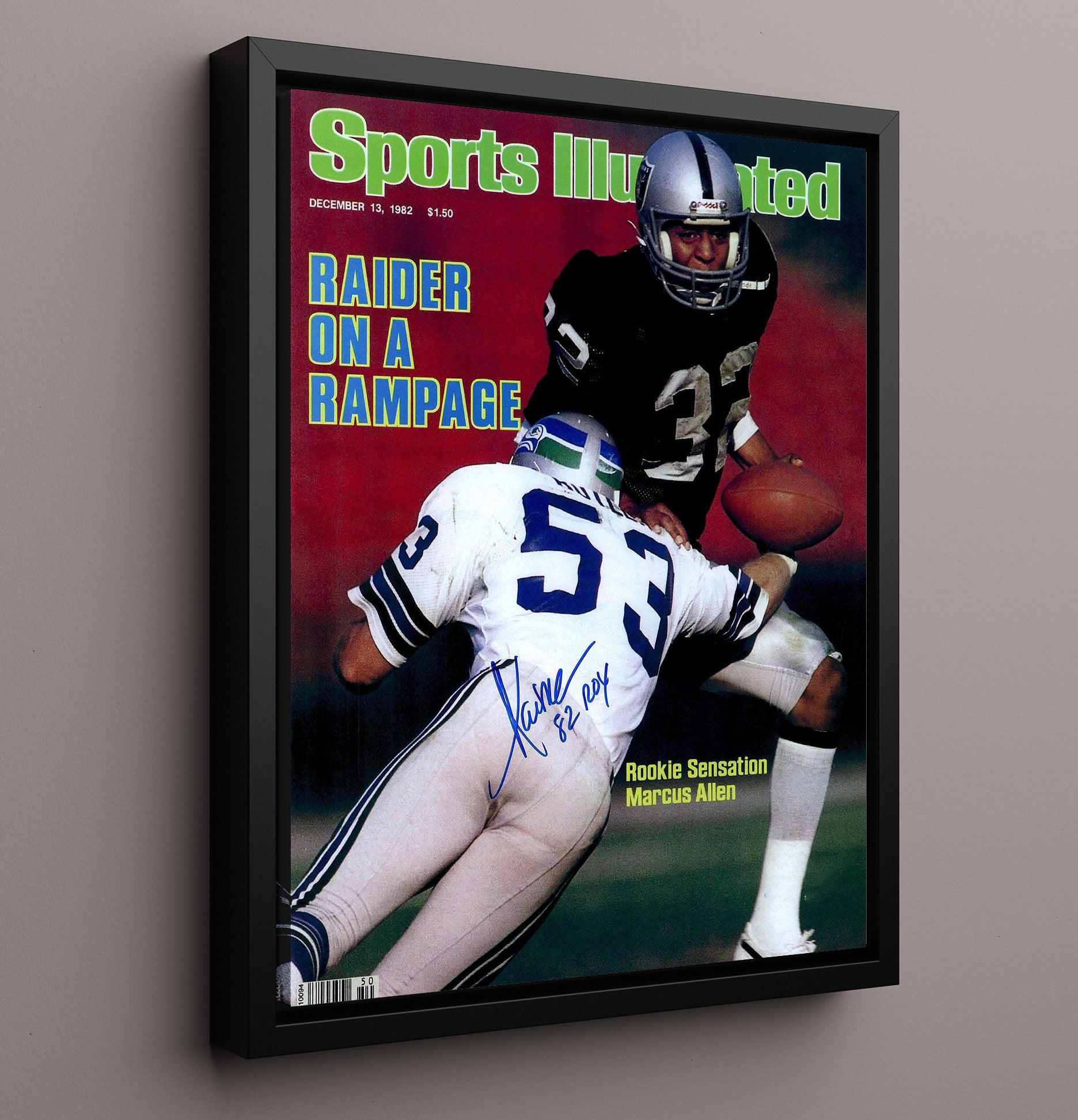 Marcus Allen - Oakland football Running Back Charge 1982 SI Cover Vintage Football Wall Art - 16x20 Framed Canvas football decor