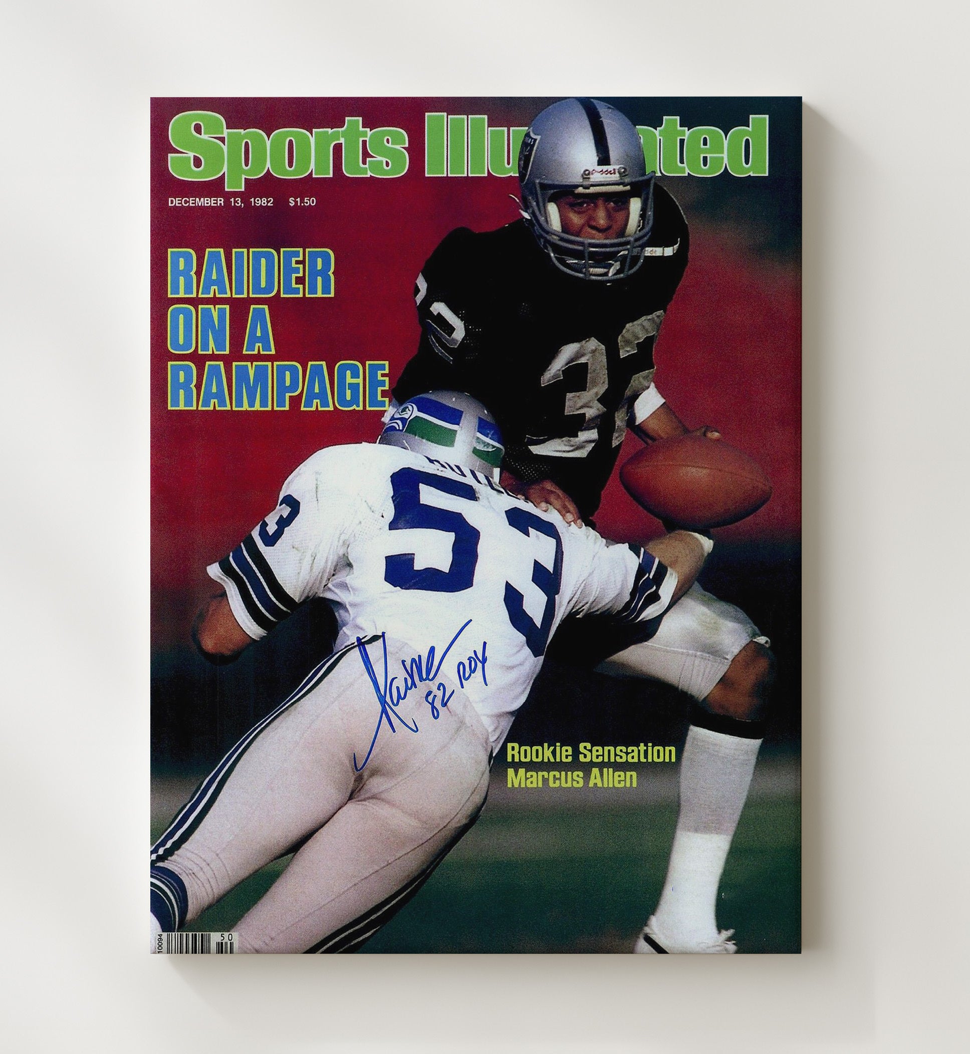 Marcus Allen - Oakland football Running Back Charge 1982 SI Cover Vintage Football Wall Art - 20x24 Canvas football decor