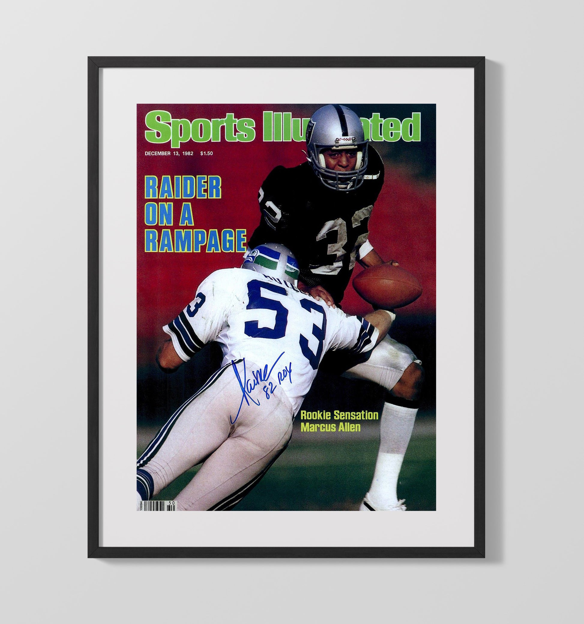Marcus Allen - Oakland football Running Back Charge 1982 SI Cover Vintage Football Wall Art - 16x20 Gallery Frame football decor