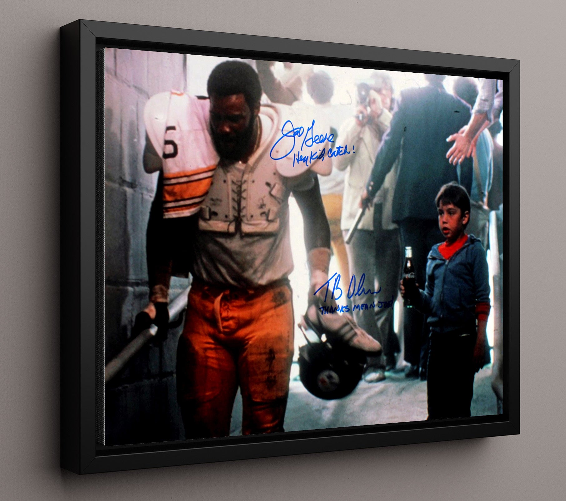 Mean Joe Greene - Hey Kid Coca-Cola Vintage Football Wall Art - 16x20 Framed Canvas football decor