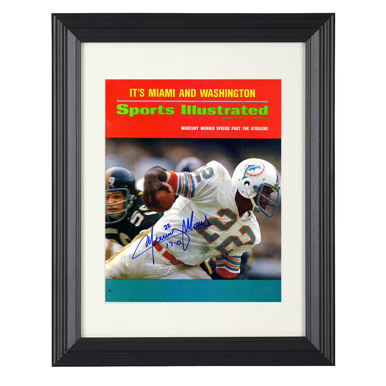 Mercury Morris – Miami Running Past Defense 1973 SI – 8x10 black beveled framed football wall art