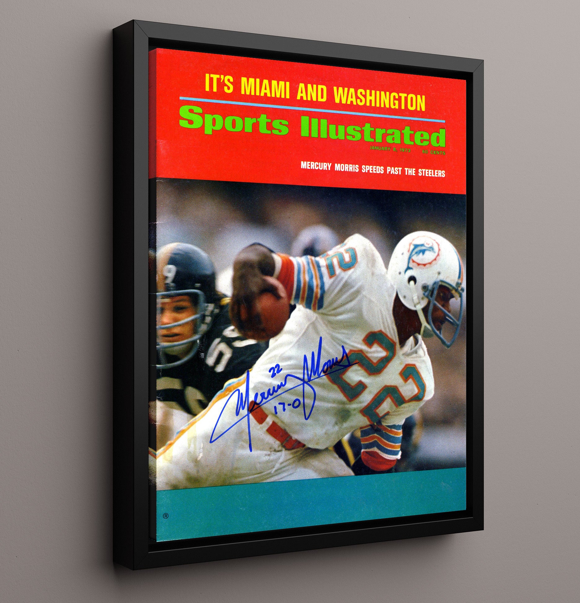 Mercury Morris - Miami Football Running Past Defense SI Cover 1973 Vintage Football Wall Art - 16x20 Framed Canvas football decor