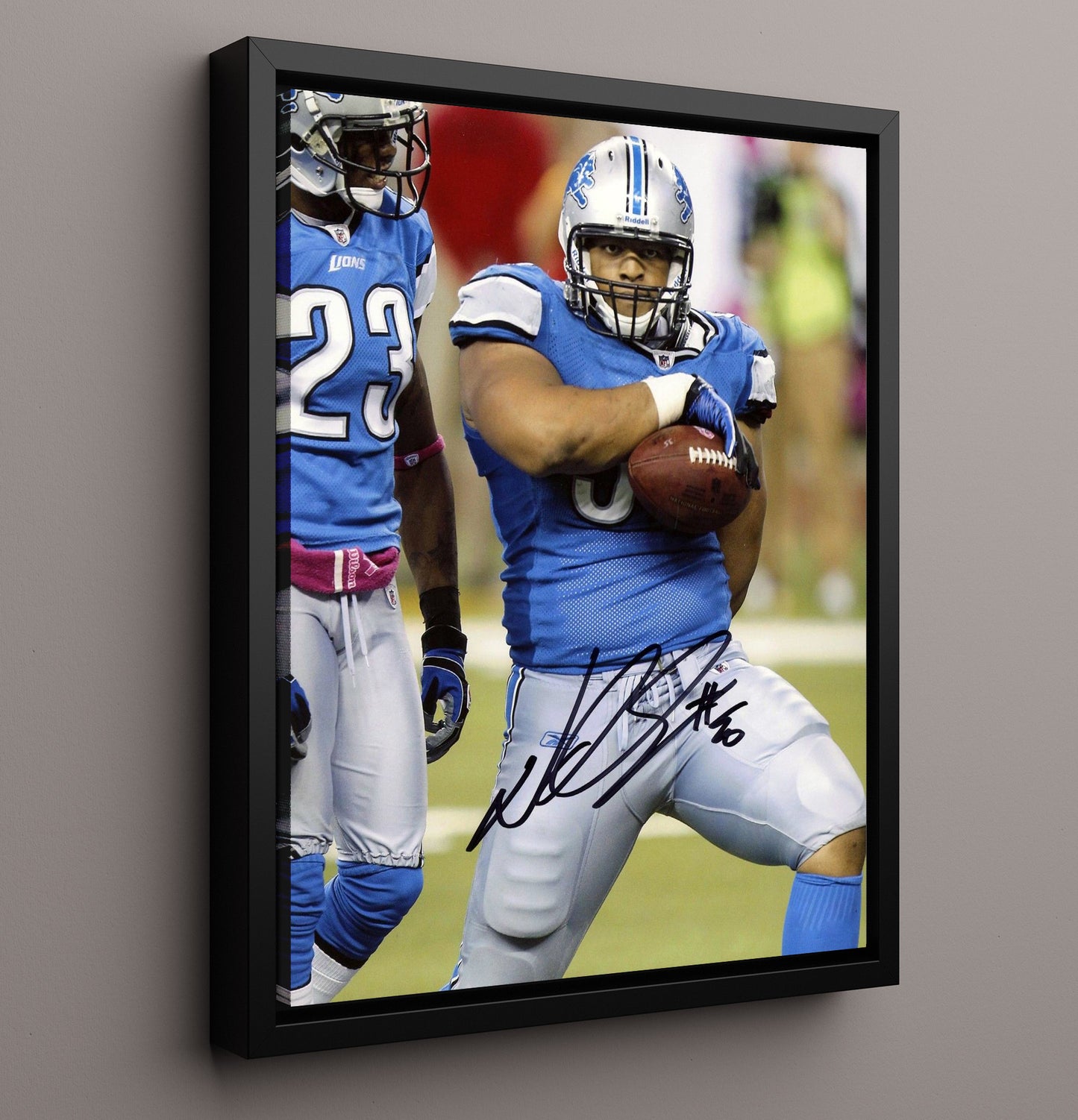 Ndamukong Suh - Detroit football Defensive Lineman Carrying Ball After Turnover Vintage Football Wall Art - 16x20 Framed Canvas football decor