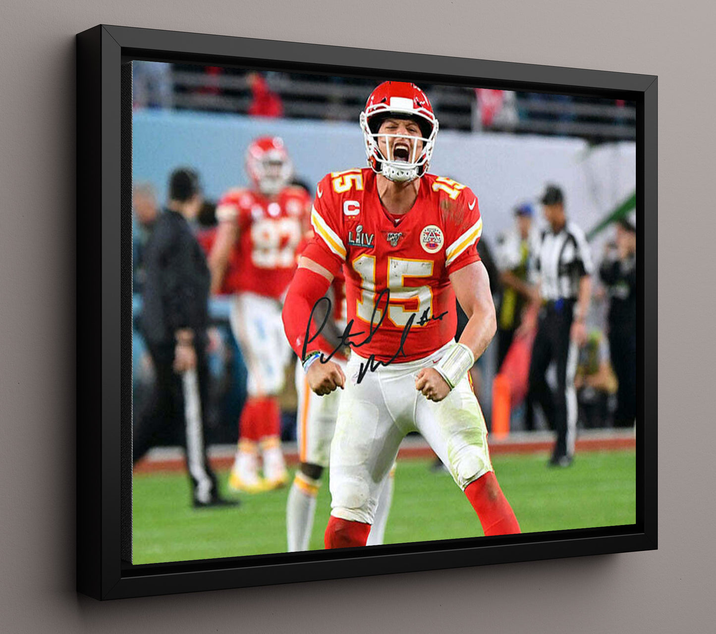 Patrick Mahomes - Flex Celebration Vintage Football Wall Art - 16x20 Framed Canvas football decor