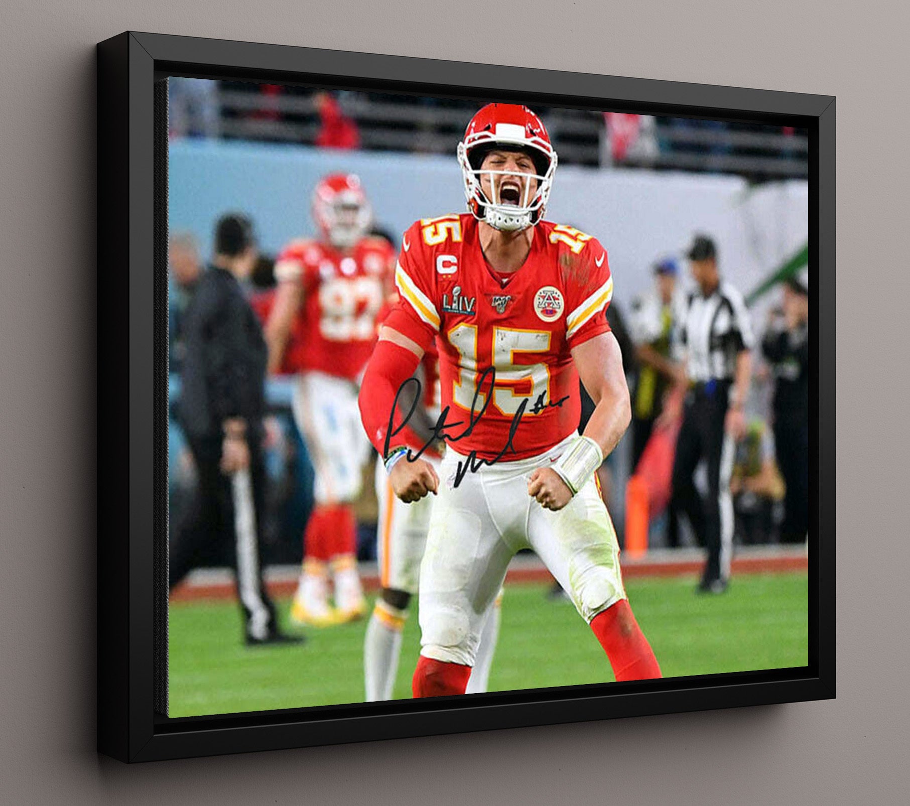 Patrick Mahomes - Flex Celebration Vintage Football Wall Art - 16x20 Framed Canvas football decor