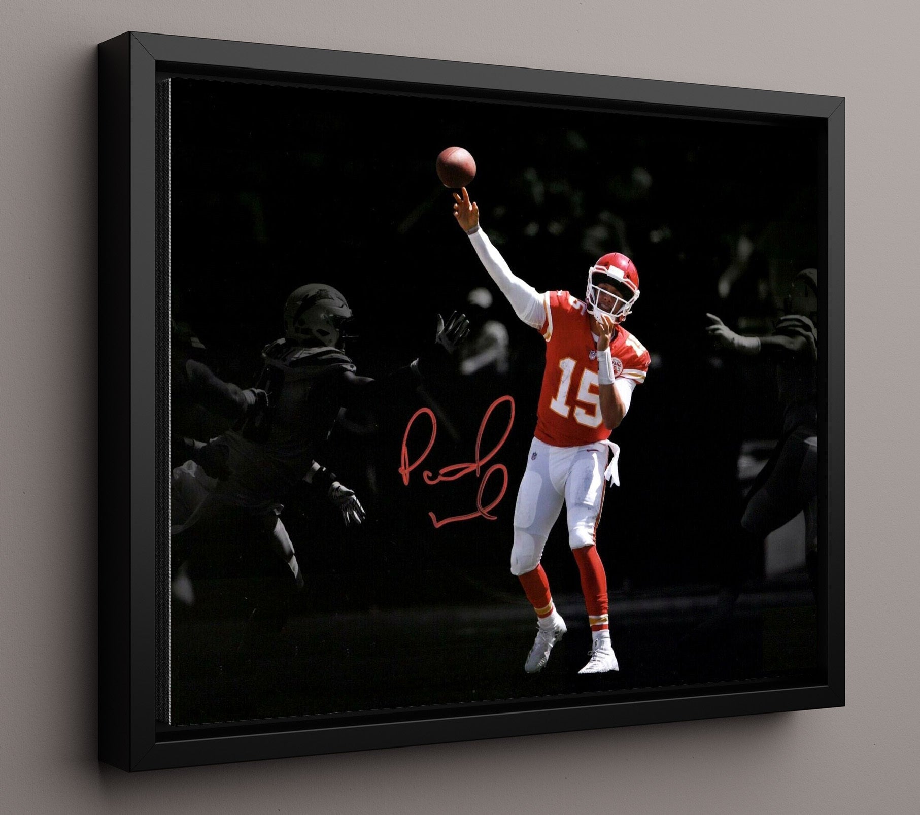 Patrick Mahomes - Kansas City Football Quarterback Throwing Pass Vintage Football Wall Art - 16x20 Framed Canvas football decor