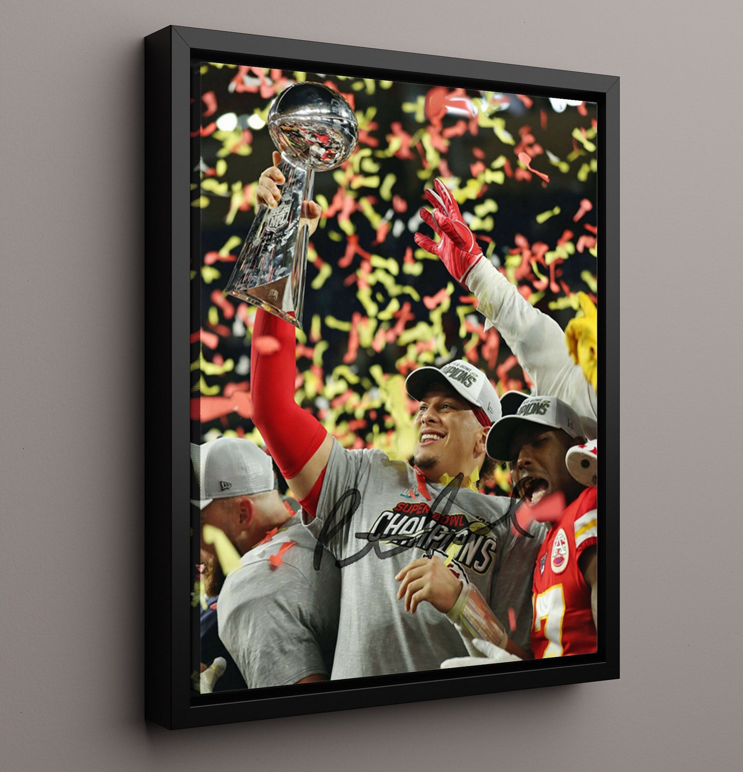Patrick Mahomes - Kansas City football Super Bowl Champion Trophy Celebration 2023 Vintage Football Wall Art - 16x20 Framed Canvas football decor