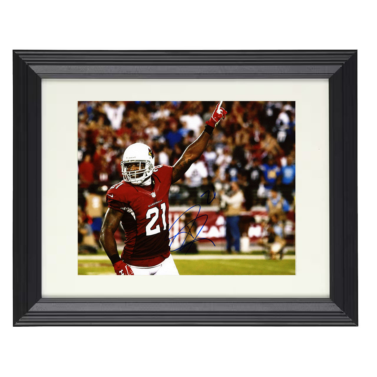 Patrick Peterson – Arizona Defense Celebration Pointing Up – 8x10 black beveled framed football wall art