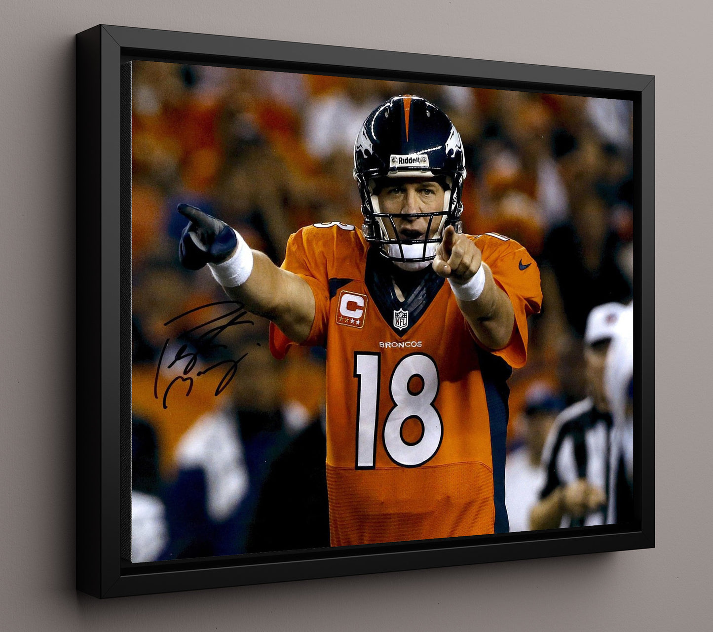 Peyton Manning - Denver Football Quarterback Double Point Signal football wall art 16x20 Framed Canvas