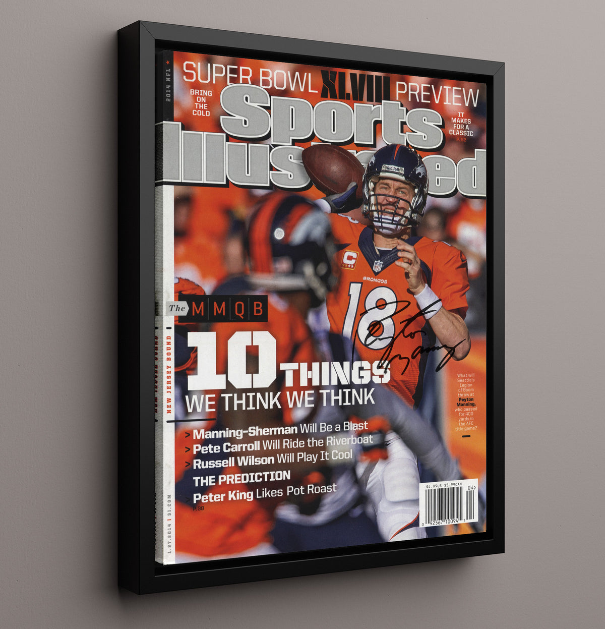 Peyton Manning - Denver football Super Bowl XLVIII Preview Passing Motion 2014 SI Cover football wall art 16x20 Framed Canvas