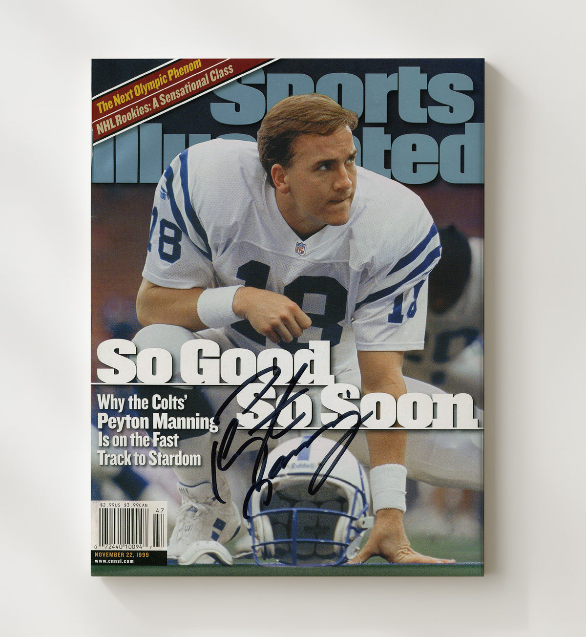 Peyton Manning - Indianapolis football So Good So Soon Quarterback Feature 1999 SI Cover football wall art 20x24 Canvas