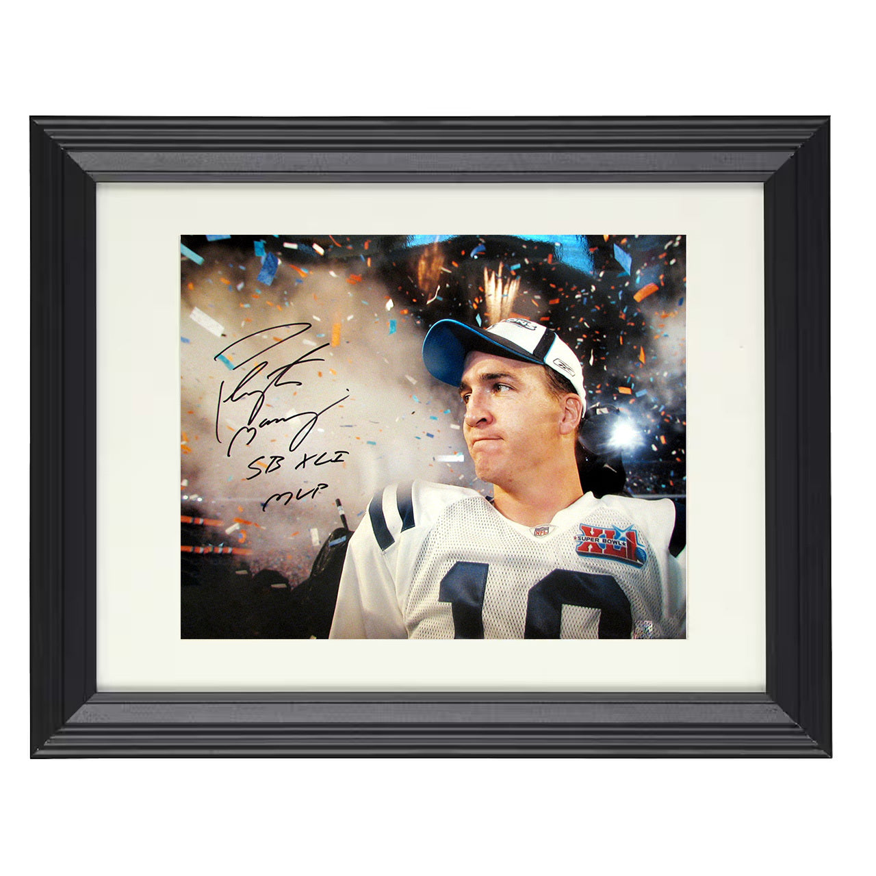 Peyton Manning SB XLI MVP – Confetti Glory – 8x10 black beveled framed football wall art