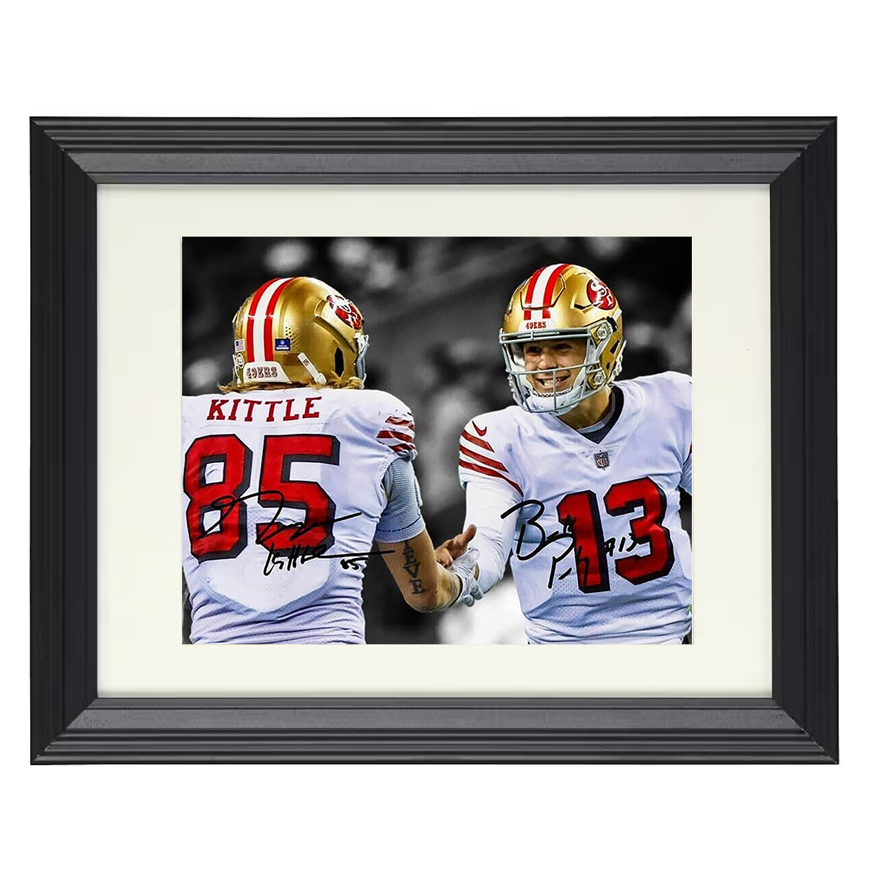 Purdy and Kittle – Niners Connection – 8x10 black beveled framed football wall art