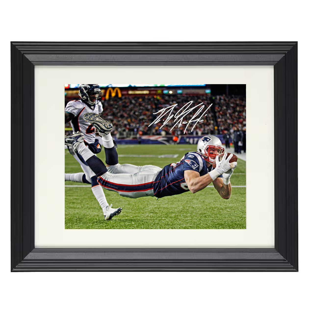 Rob Gronkowski – Diving Patriot Grab – 8x10 black beveled framed football wall art