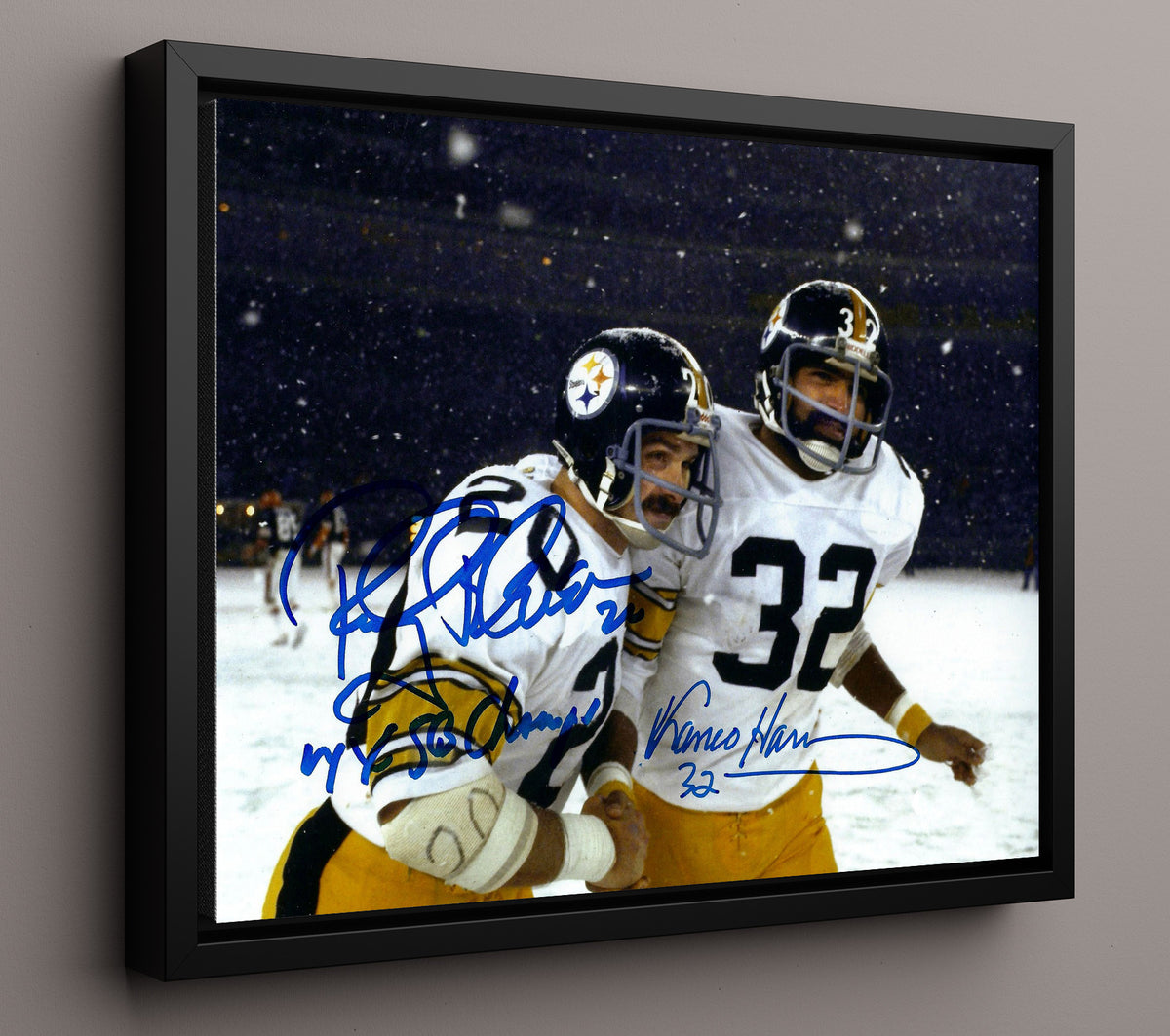 Rocky Bleier and Franco Harris - Pittsburgh Football Snow Game Brotherhood football wall art 16x20 Framed Canvas