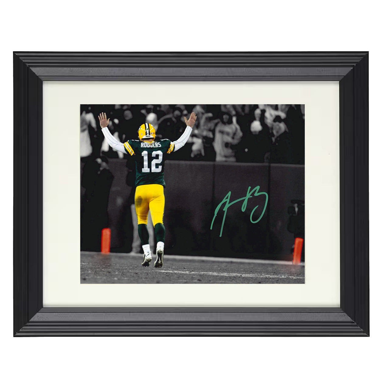 Rodgers – Green Bay TD Celebration Arms Raised – 8x10 black beveled framed football wall art