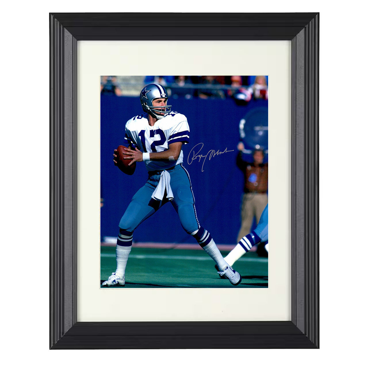 Roger Staubach – Navy and Silver Pride Image – 8x10 black beveled framed football wall art