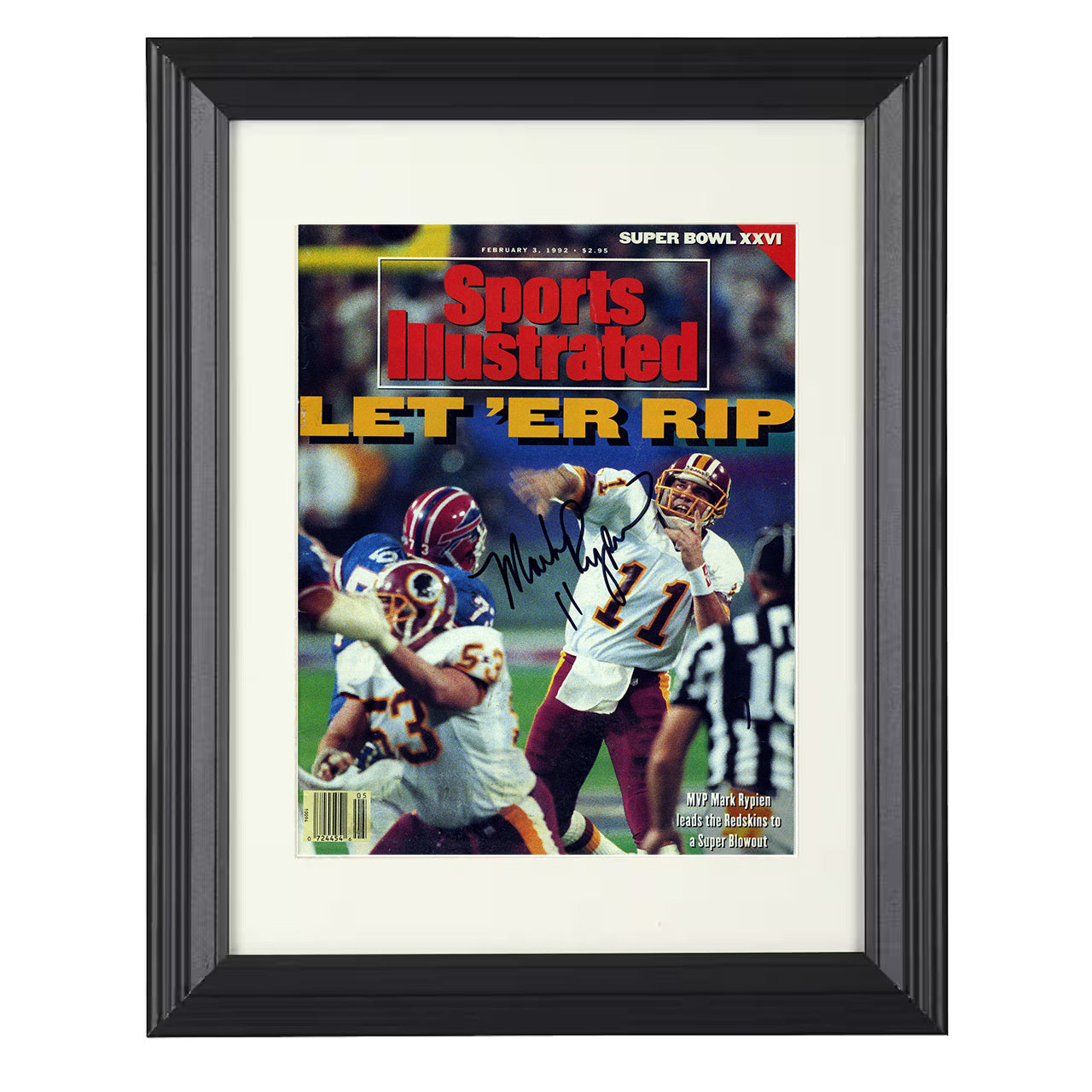 Rypien Let Er Rip – Super Bowl XXVI MVP Image – 8x10 black beveled framed football wall art