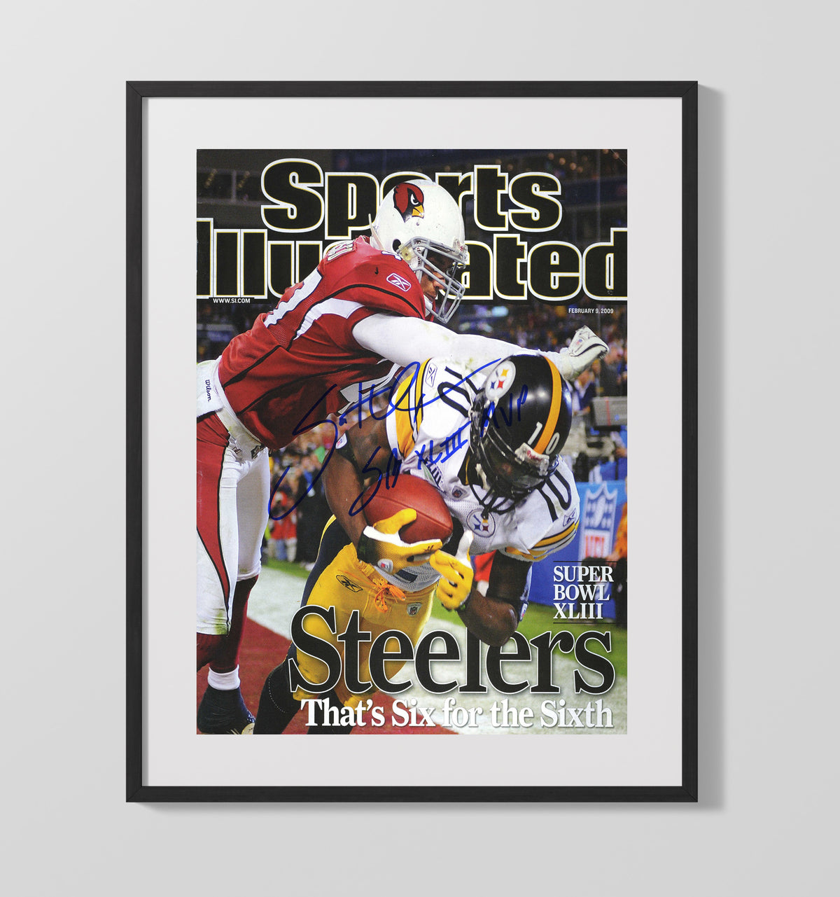 Santonio Holmes - Pittsburgh football Super Bowl XLIII Catch 2009 SI Cover Thats Six football wall art 16x20 Gallery Frame