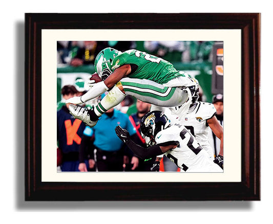 Saquon Barkley Backwards Leap - Flying High football wall art 8x10 Beveled Frame