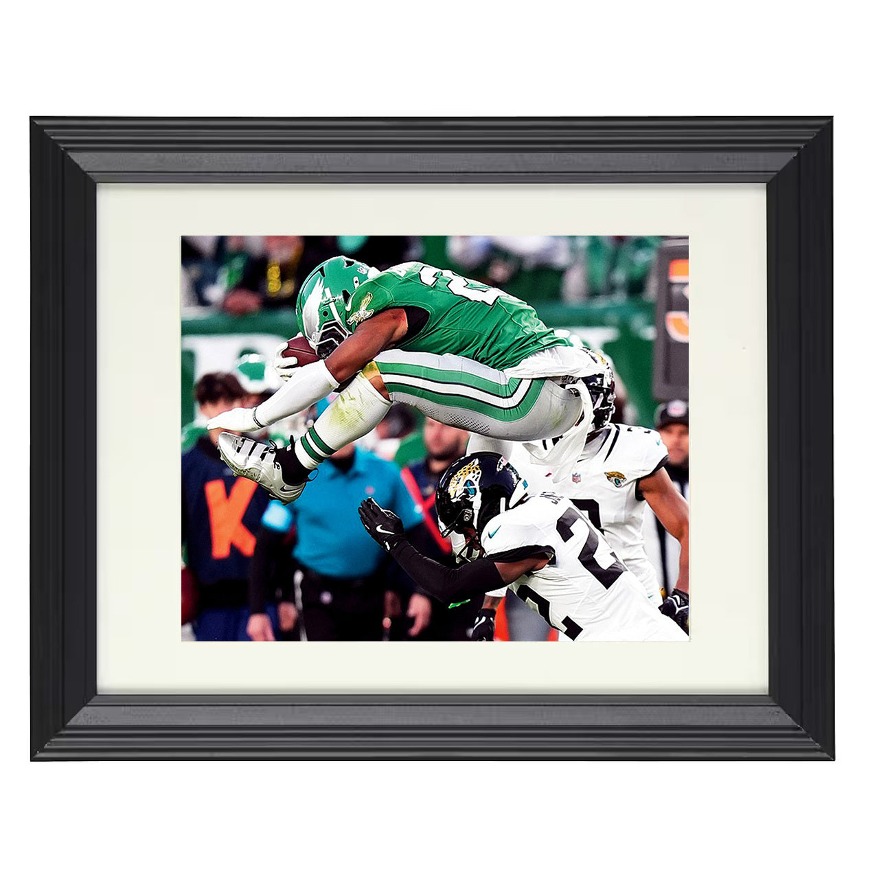 Saquon Barkley Backwards Leap – Flying High – 8x10 black beveled framed football wall art