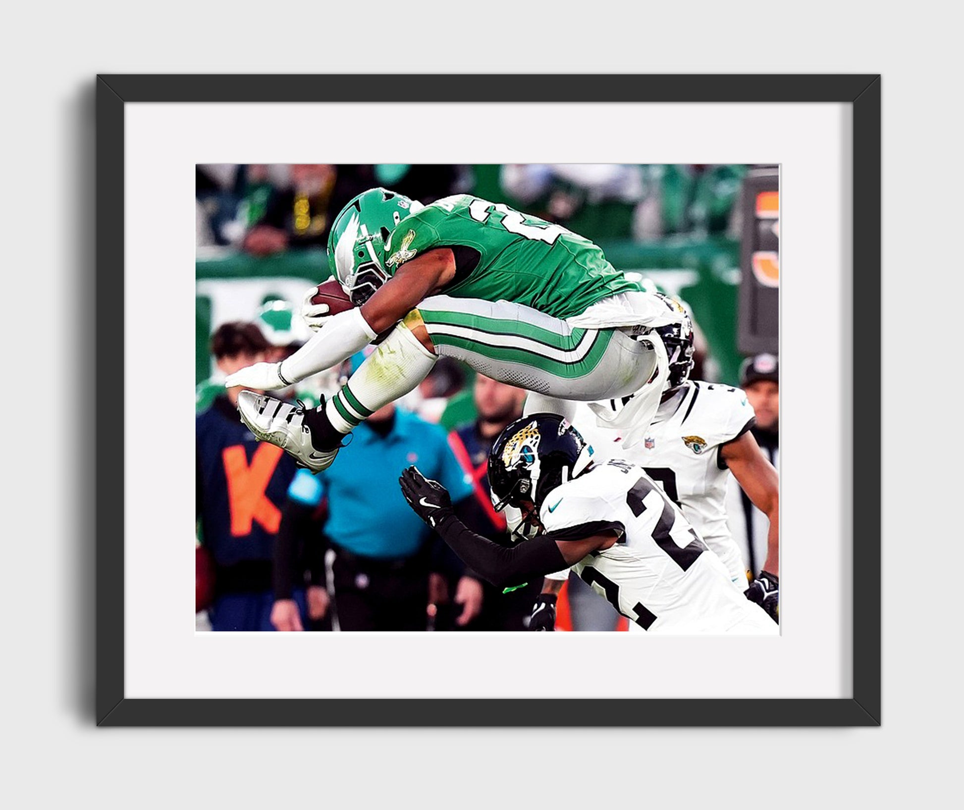 Saquon Barkley Backwards Leap - Flying High Football Wall Art - football wall art print