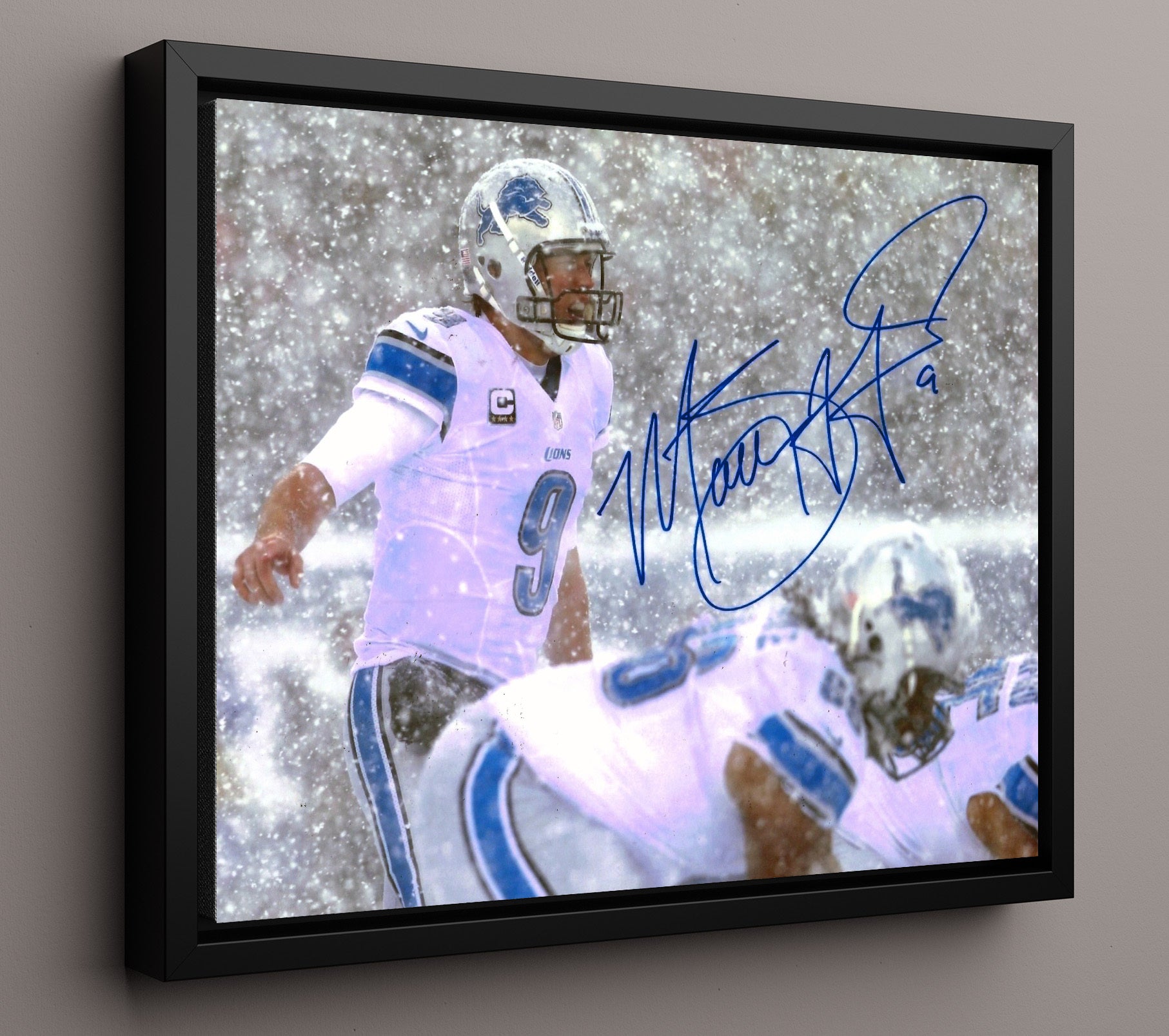 Stafford - Detroit Football Snow Game Quarterback 2013 football wall art 16x20 Framed Canvas