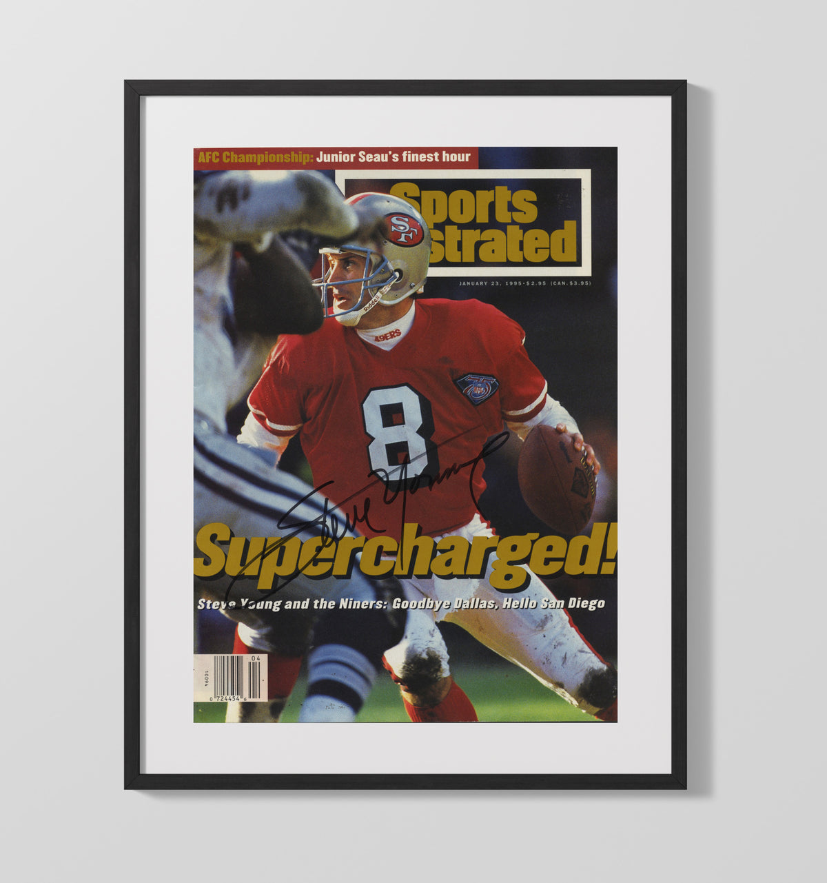 Steve Young - San Francisco football QB 1995 SI Cover Supercharged football wall art 16x20 Gallery Frame