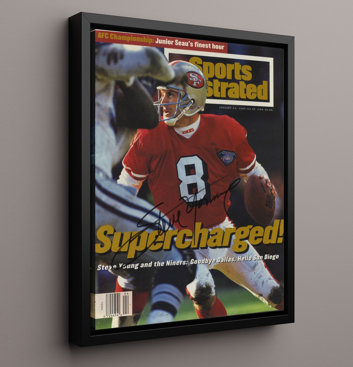 Steve Young - San Francisco football QB 1995 SI Cover Supercharged football wall art 16x20 Framed Canvas