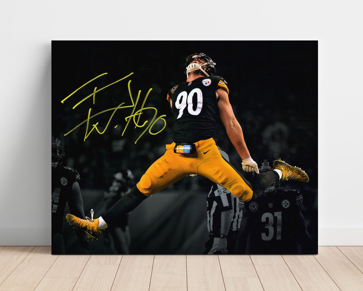 T.J. Watt Leaping Game Action - Steel Airborne football wall art 16x20 Unframed Print