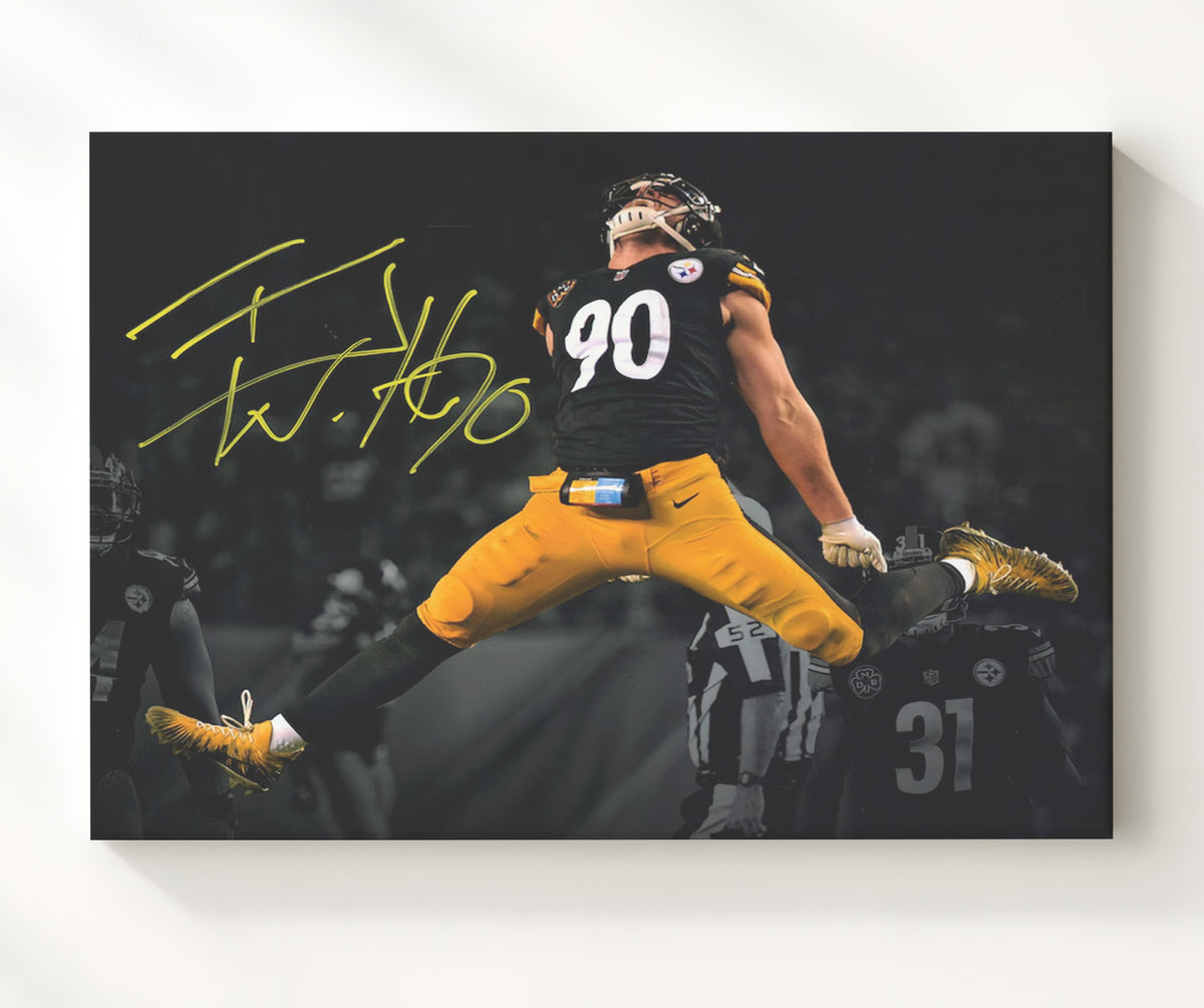 T.J. Watt Leaping Game Action - Steel Airborne football wall art 20x24 Canvas
