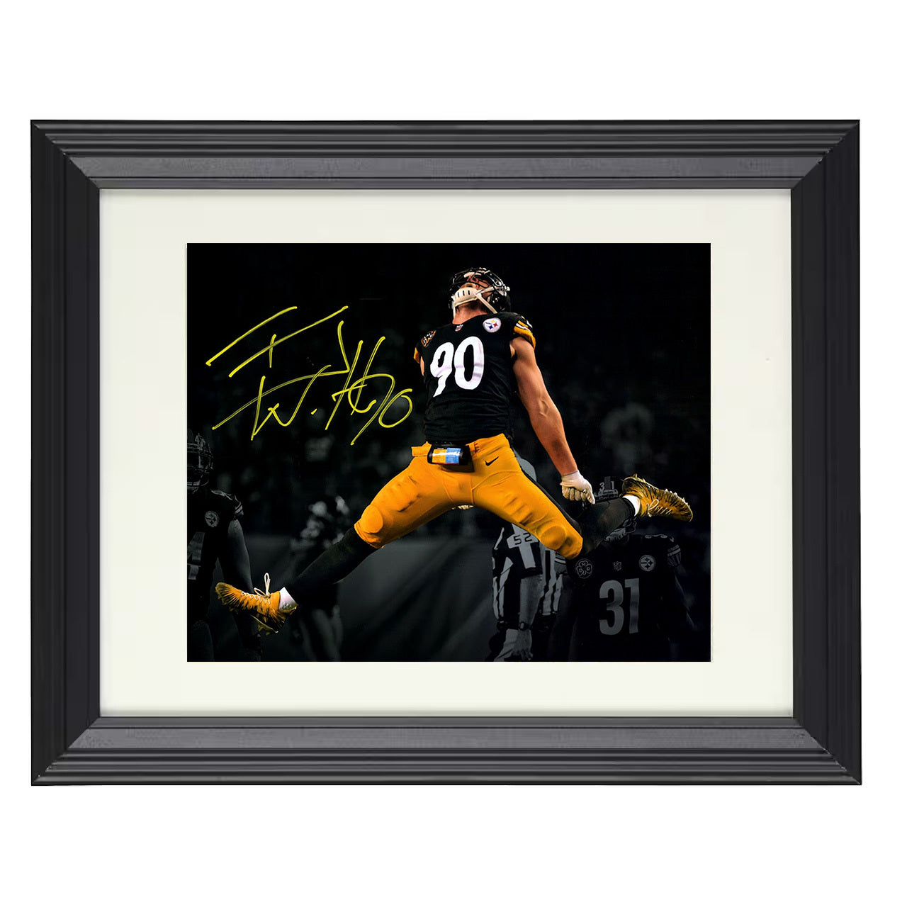 T.J. Watt Leaping Spotlight – Steel Airborne – 8x10 black beveled framed football wall art