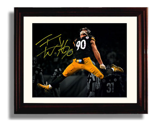 T.J. Watt Leaping Game Action - Steel Airborne football wall art 8x10 Beveled Frame