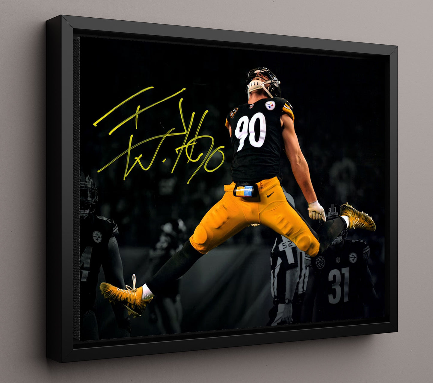 T.J. Watt Leaping Game Action - Steel Airborne football wall art 16x20 Framed Canvas