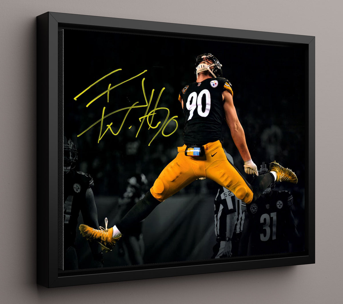 T.J. Watt Leaping Game Action - Steel Airborne football wall art 16x20 Framed Canvas