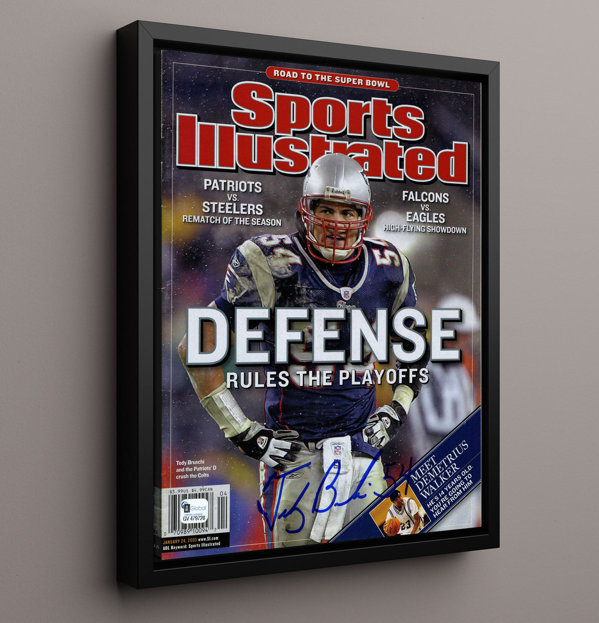 Tedy Bruschi - New England football Defense Rules the Playoffs 2005 SI Cover football wall art 16x20 Framed Canvas