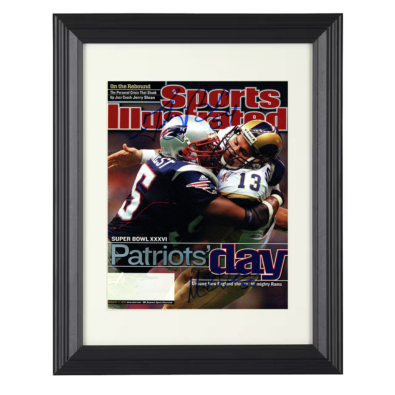 Tedy Bruschi and Mike Vrabel – Super Bowl XXXVI 2002 SI – 8x10 black beveled framed football wall art