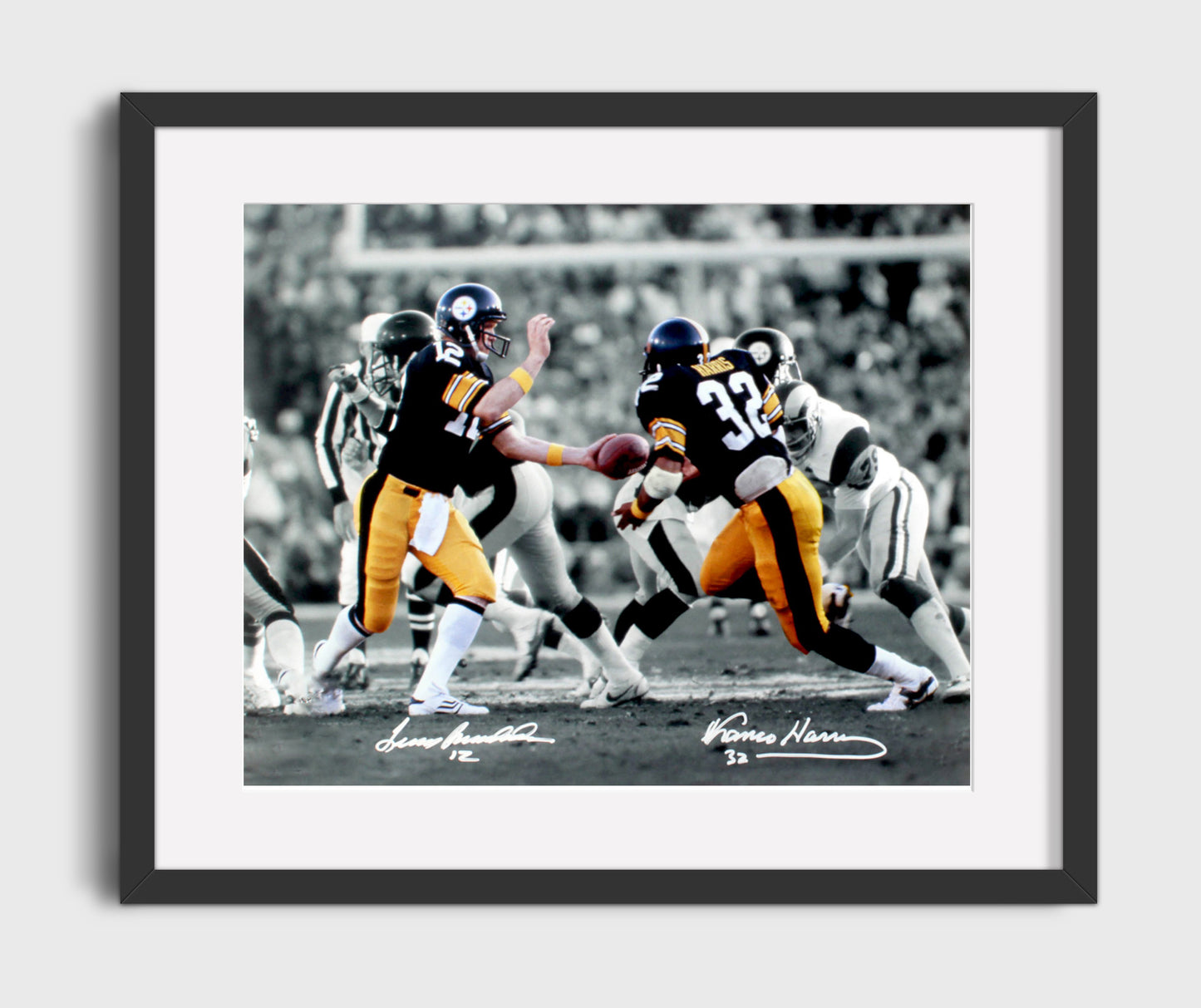 Terry Bradshaw and Franco Harris - Pittsburgh Football Handoff Classic Play Football Wall Art - football wall art print