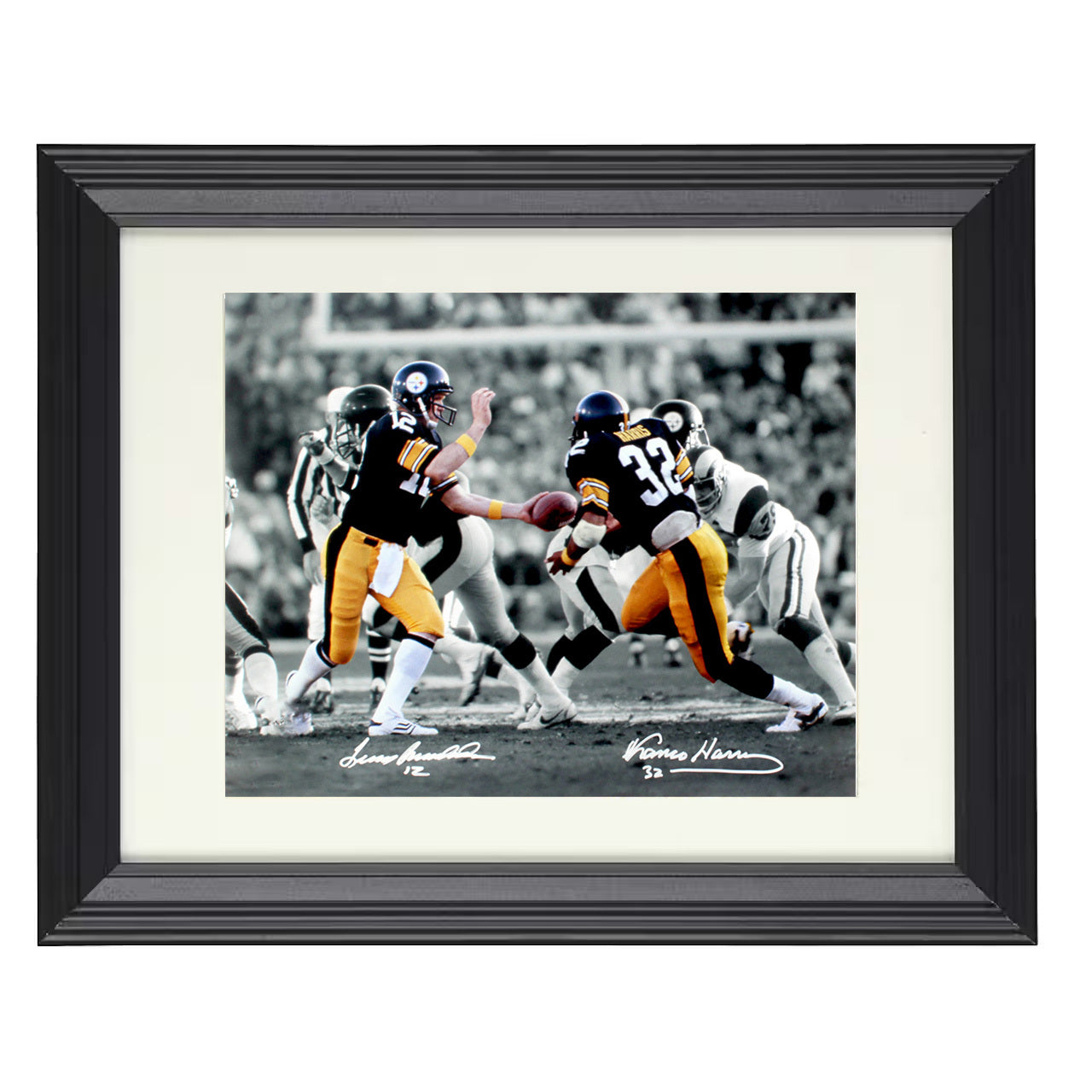 Terry Bradshaw and Franco Harris – Pittsburgh Handoff Play – 8x10 black beveled framed football wall art
