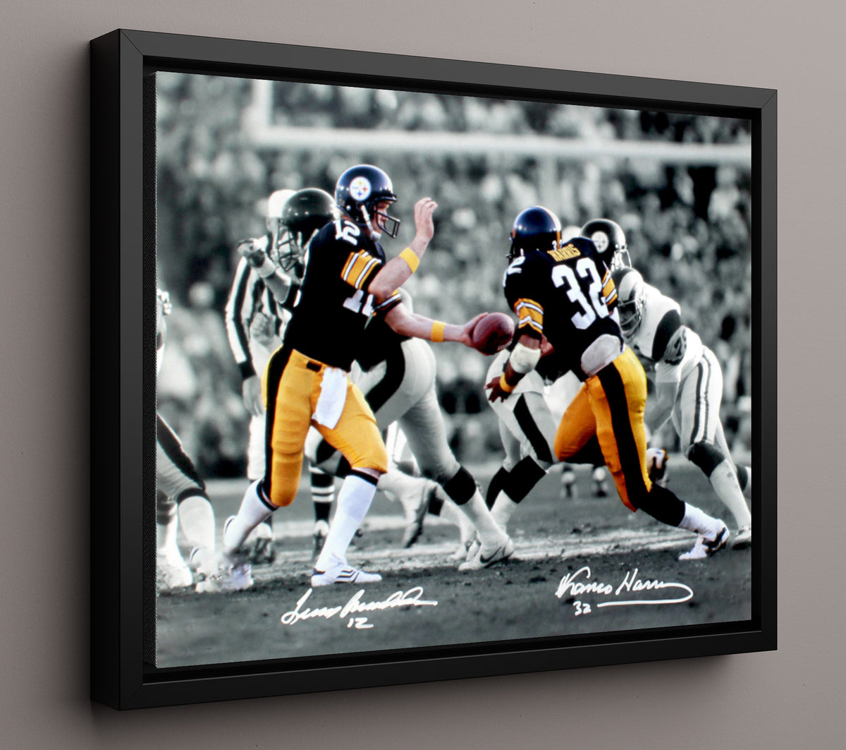 Terry Bradshaw and Franco Harris - Pittsburgh Football Handoff Classic Play football wall art 16x20 Framed Canvas