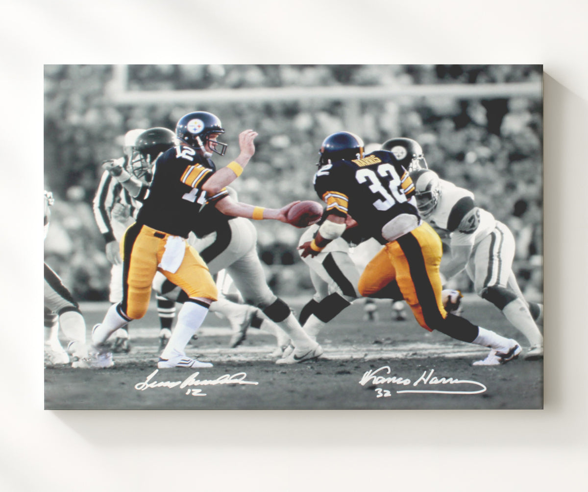 Terry Bradshaw and Franco Harris - Pittsburgh Football Handoff Classic Play football wall art 20x24 Canvas