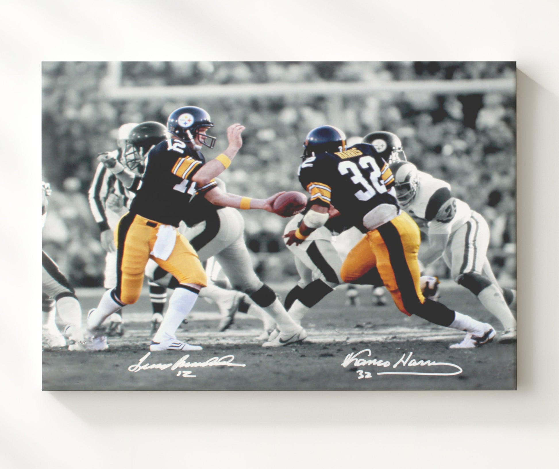 Terry Bradshaw and Franco Harris - Pittsburgh Football Handoff Classic Play football wall art 20x24 Canvas