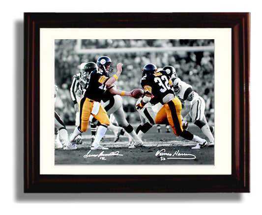 Terry Bradshaw and Franco Harris - Pittsburgh Football Handoff Classic Play football wall art 8x10 Beveled Frame