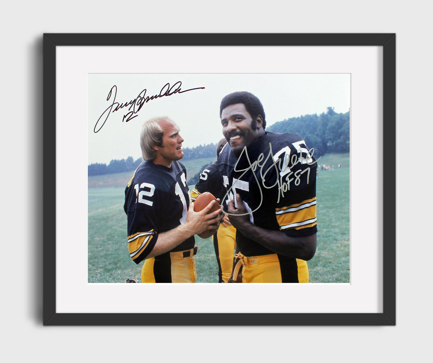 Terry Bradshaw and Joe Greene - Pittsburgh Football Teammates Field Conversation football wall art 16x20 Gallery Frame