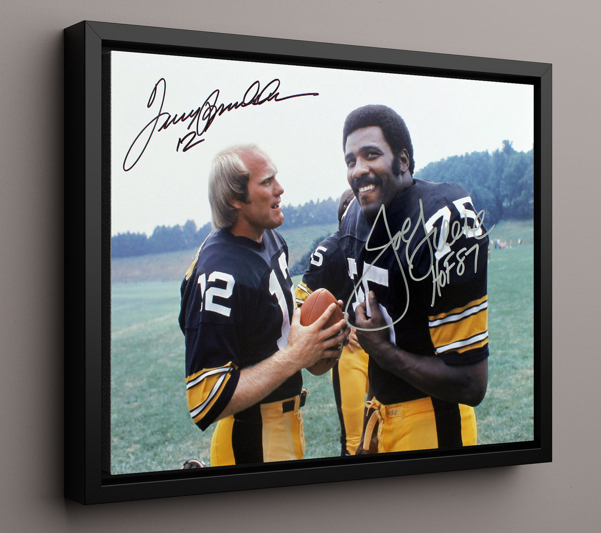 Terry Bradshaw and Joe Greene - Pittsburgh Football Teammates Field Conversation football wall art 16x20 Framed Canvas