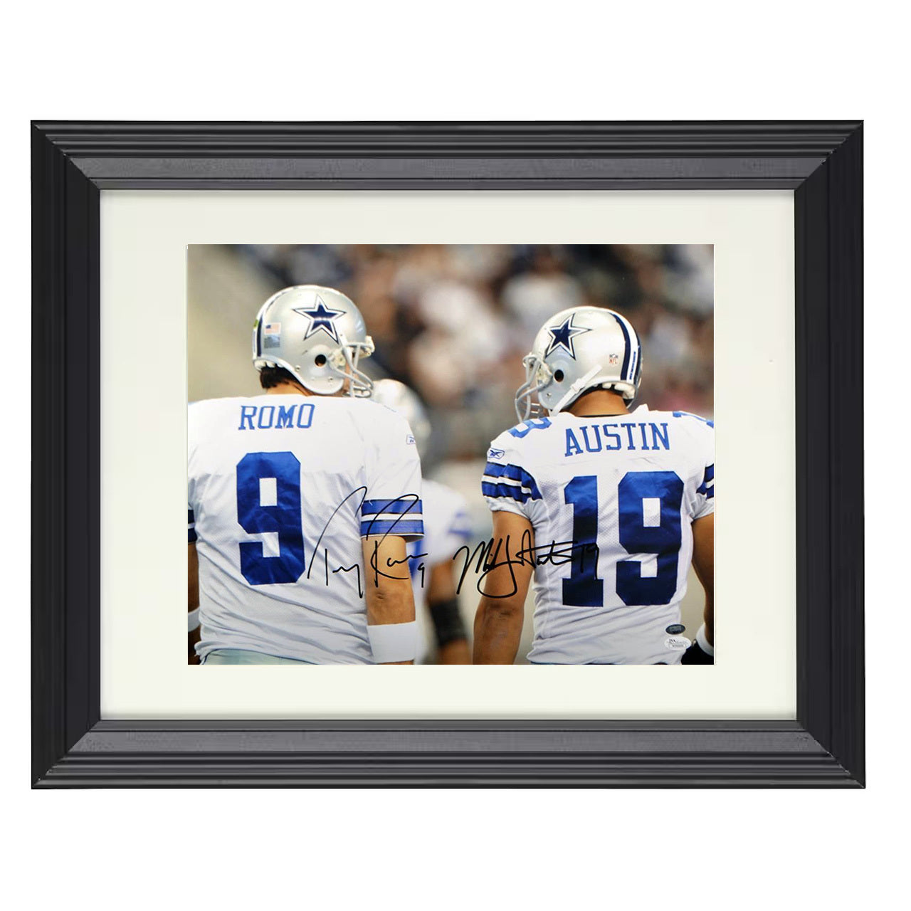 Tony Romo and Miles Austin – Dallas Sideline Back Jerseys – 8x10 black beveled framed football wall art